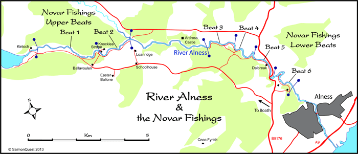novar fishings map, river alness